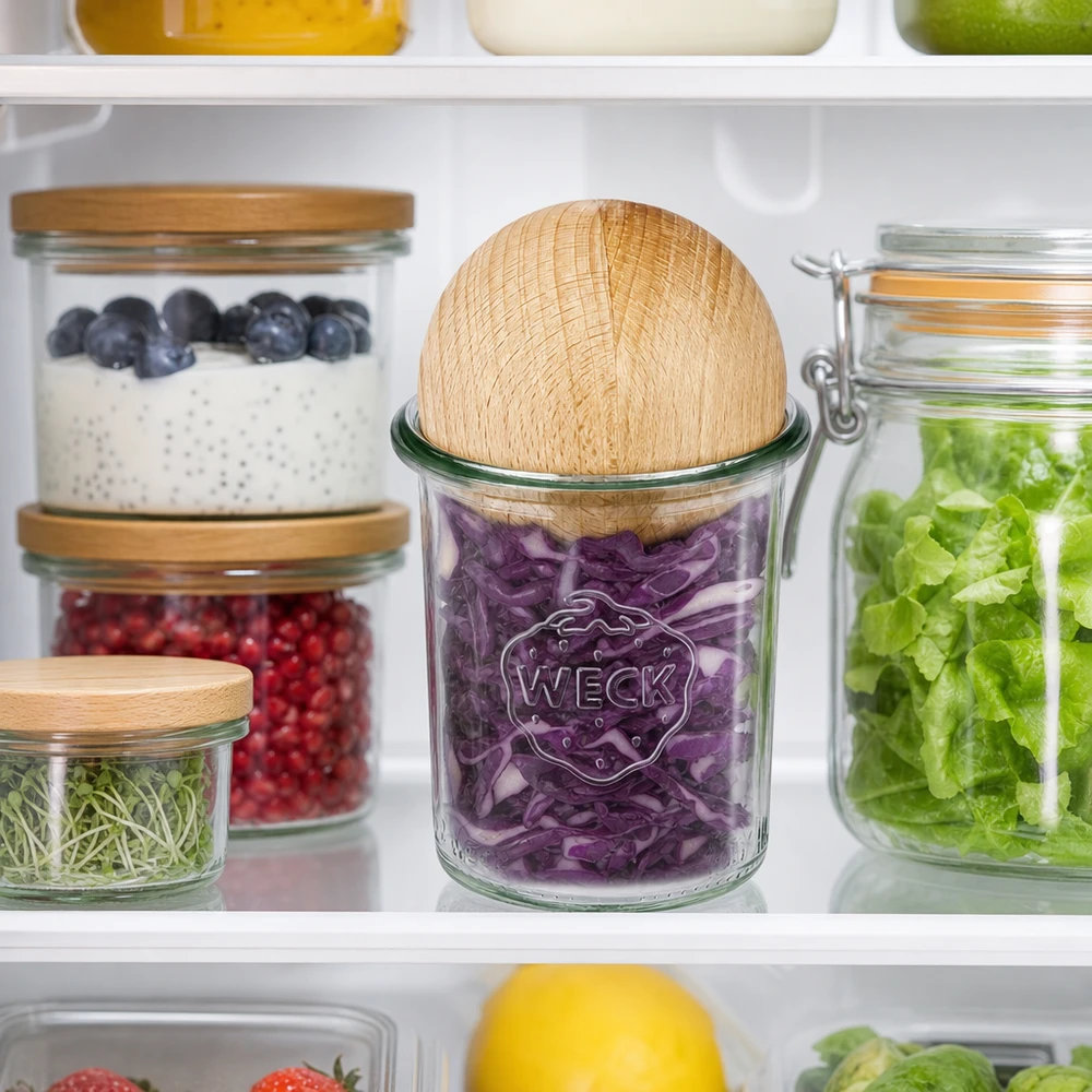 WECK Pot renversé RR60 160ml avec boule en bois de hêtre dans le réfrigérateur pour conserver le chou violet à côté d'autres bocaux à provisions