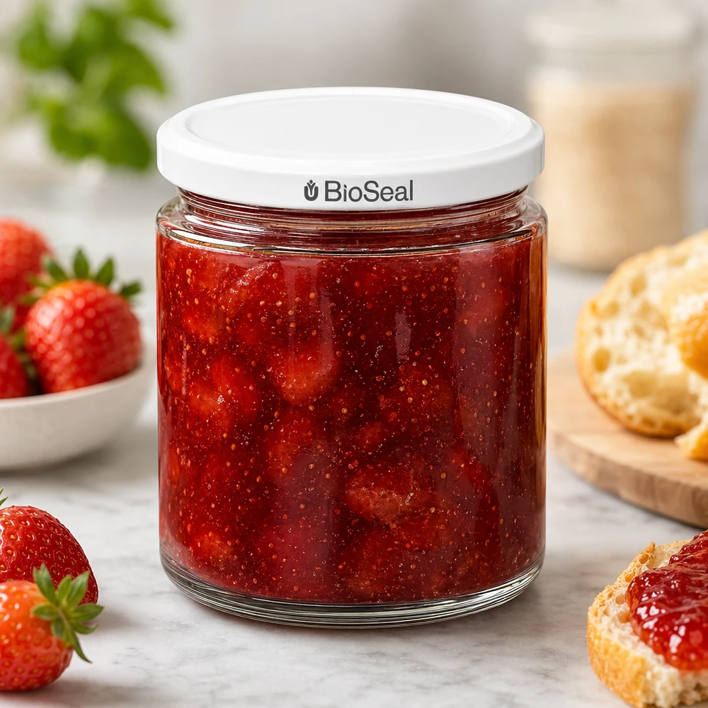 Pot à miel 350 g avec couvercle blanc BioSeal UNiTWIST Pot de miel BioSeal UNiTWIST de 250 ml rempli de confiture de fraises maison, servi avec des fraises fraîches et des petits pains