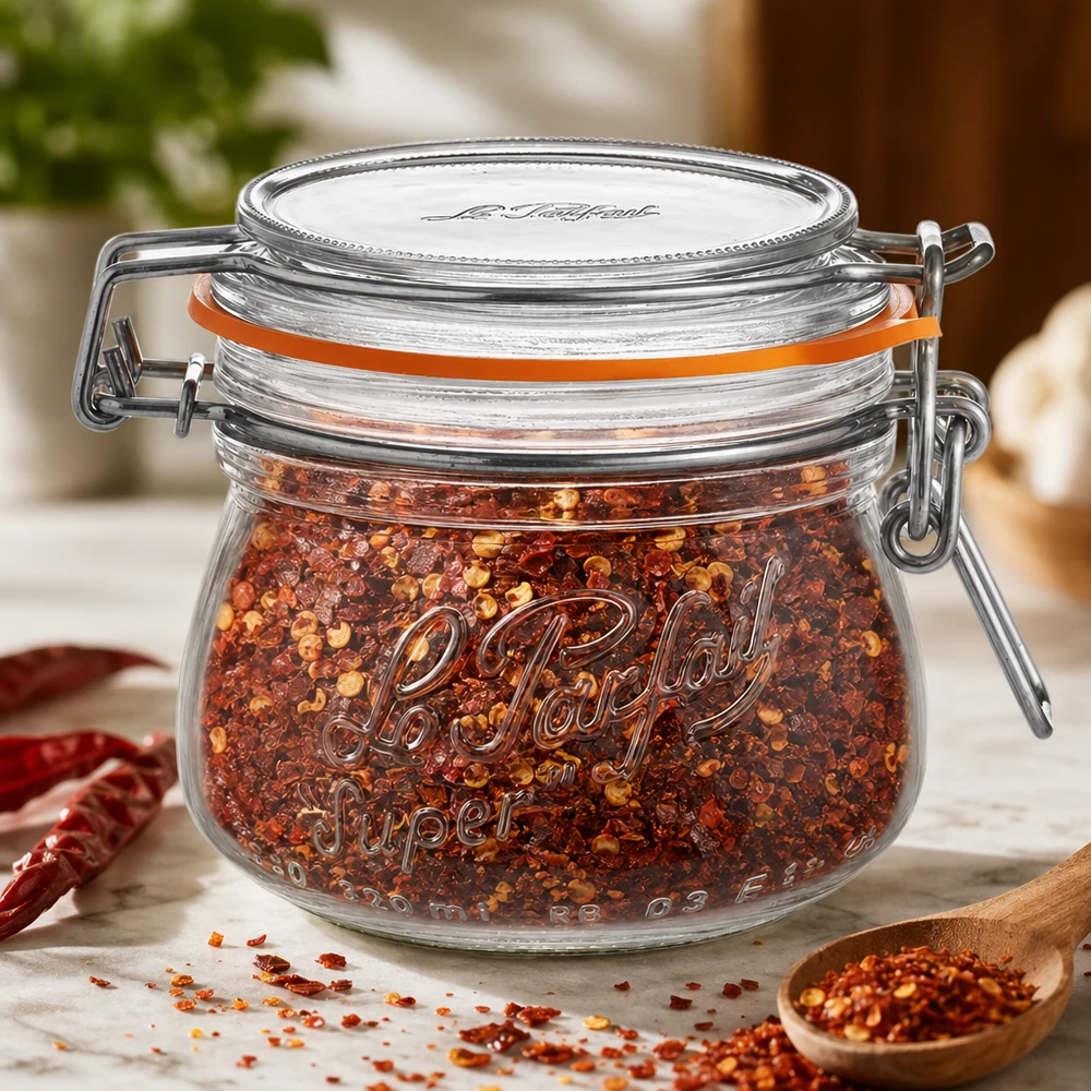 250ml Le Parfait Bocal de réserve Super avec fermeture à étrier rempli de mélange d'épices au chili sur table en bois