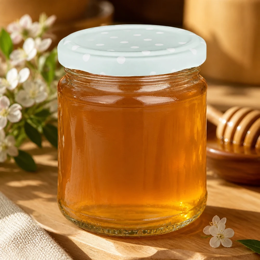 212ml pot rond rempli de miel, menthe BasicSeal couvercle à pois, pot de miel sur table en bois avec fleurs