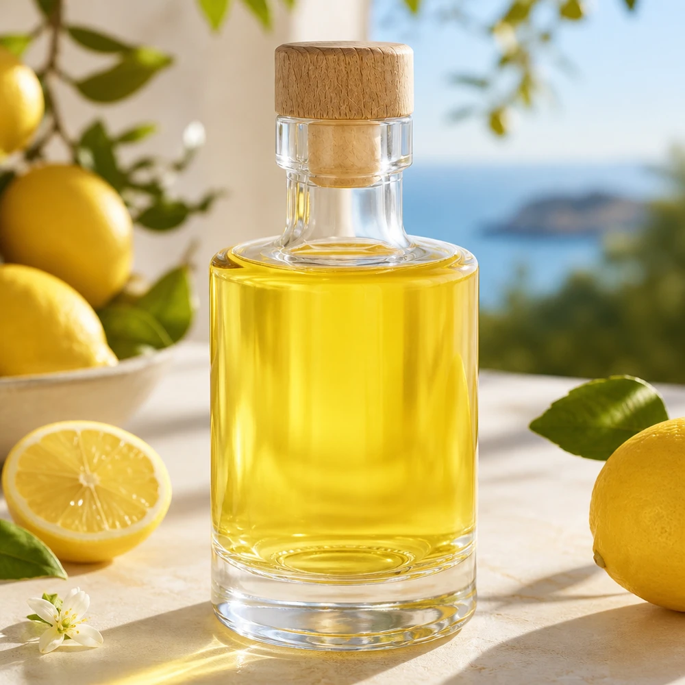 Bouteille en verre 100 ml « Marie » avec bouchon en bois UNiTWIST® Bouteille en verre Marie de 100 ml avec bouchon en bois remplie d'huile de citron dans une cuisine ensoleillée avec des citrons frais et des feuilles d'agrumes