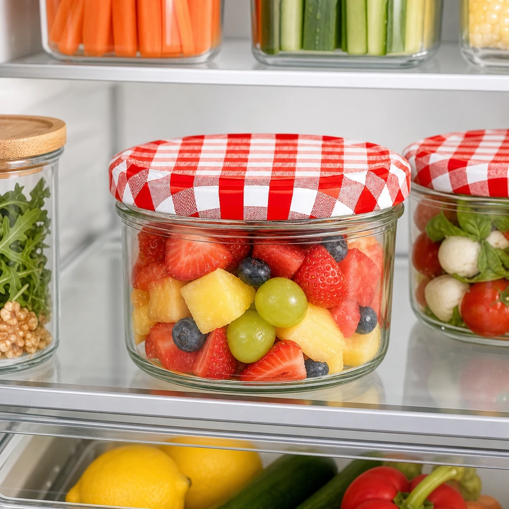 230ml Verre cylindrique avec couvercle BasicSeal rouge/blanc UNiTWIST Pot cylindrique de 230 ml avec couvercle BasicSeal rouge et blanc rempli de salade de fruits dans le réfrigérateur ouvert pour conserver la fraîcheur