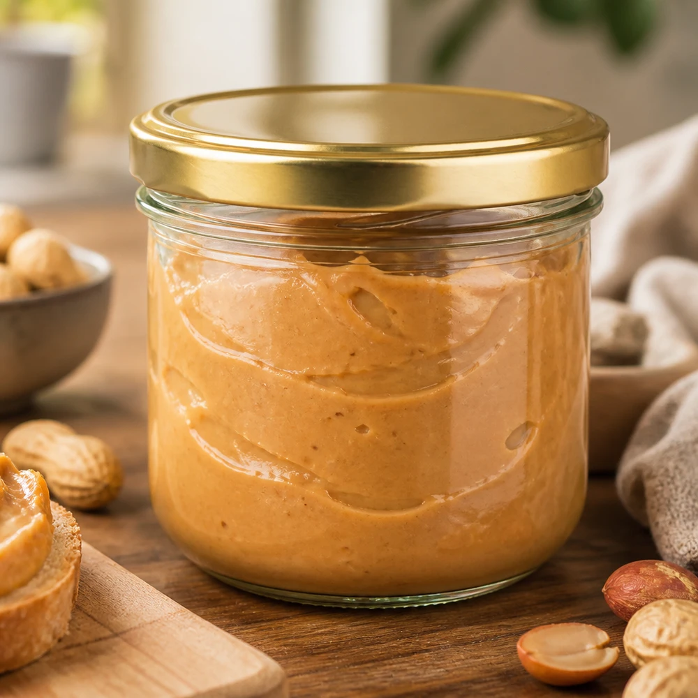 260ml pot renversé rempli de beurre de cacahuètes BasicSeal couvercle doré UNiTWIST entouré de noix sur planche en bois