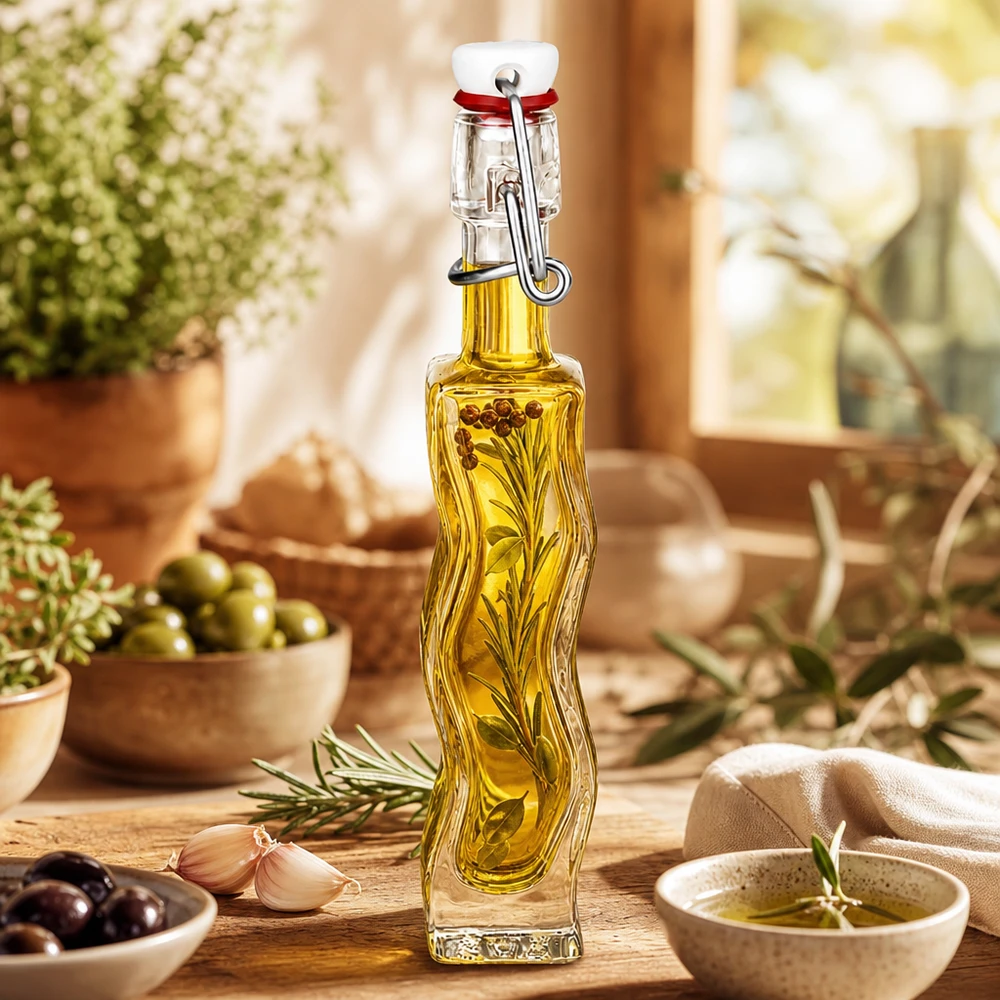 Bouteille en verre Anna de 40 ml remplie d'huile aux herbes, décoration méditerranéenne avec olives et romarin sur table en bois