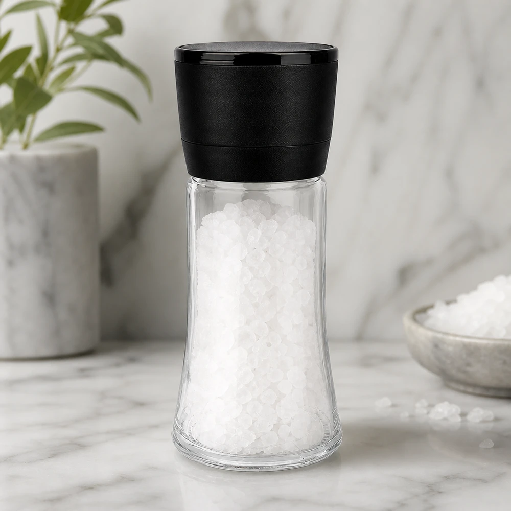 Pot à sel/épices 95 ml avec moulin Vario noir Moulin à sel de 95 ml avec mécanisme de broyage noir, rempli de gros sel marin, posé sur un socle en marbre