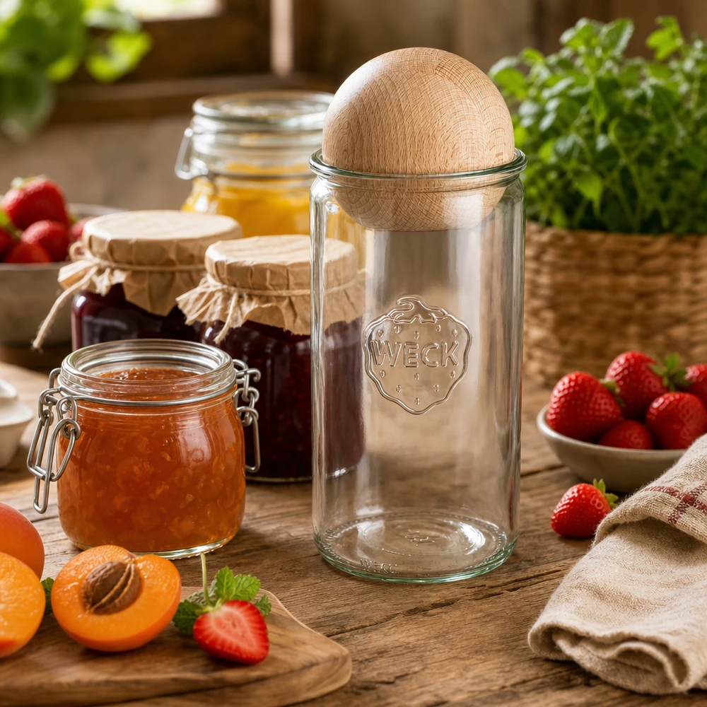 WECK Pot 1590ml RR100 avec boule en bois de hêtre dans la cuisine entre les confitures, les fruits frais et les herbes aromatiques