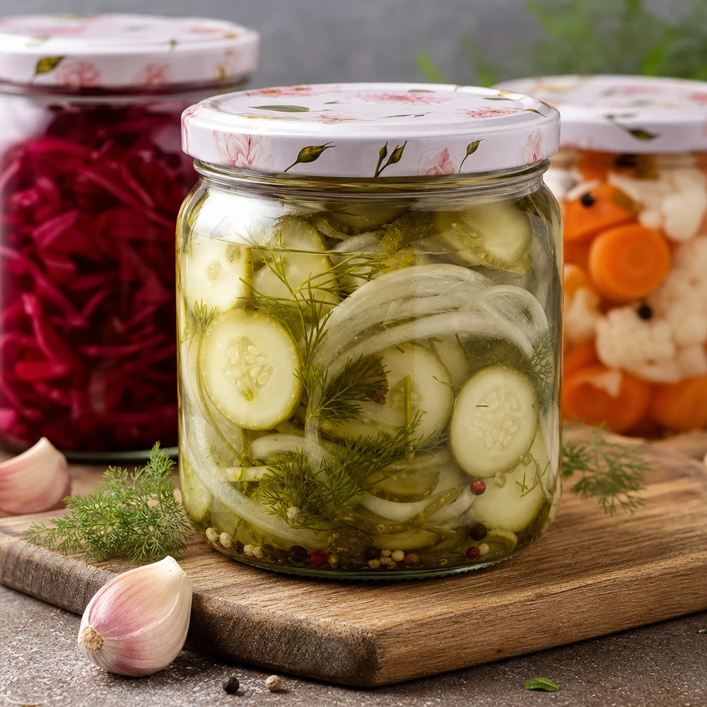 Bocal rond rose de 408 ml avec couvercle à fleurs BasicSeal rempli de cornichons marinés Oignons Aneth Bocal de conservation