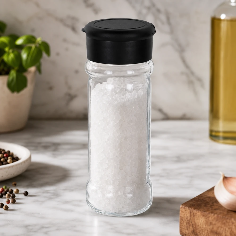 Pot à épices de 100 ml rempli de gros sel marin, avec un couvercle saupoudreur noir posé sur un socle en marbre