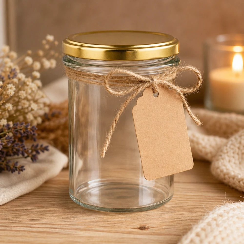 Verre renversé de 230 ml avec couvercle doré BasicSeal UNiTWIST décoratif avec corde de jute et pendentif en papier comme idée de cadeau