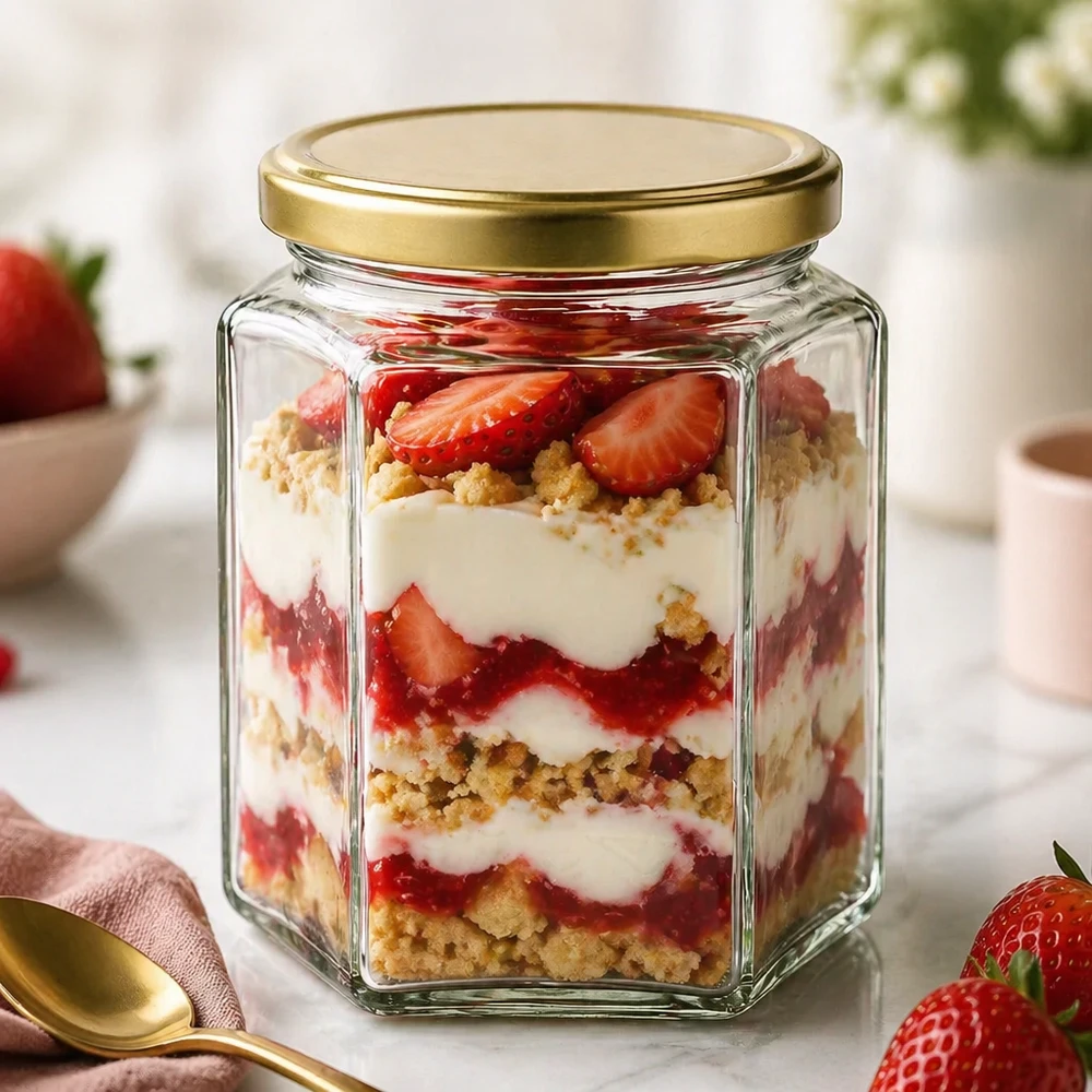 Pot à miel 500 g avec couvercle doré BasicSeal UNiTWIST Pot à miel BasicSeal UT de 500g comme verre à dessert pour trifle à la fraise avec des miettes de biscuits à la crème Couvercle doré hexagonal