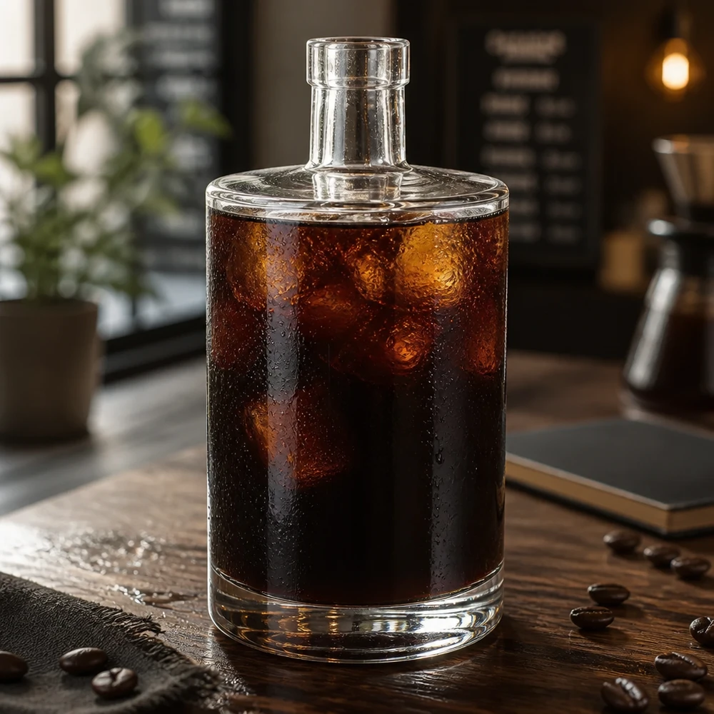 Bouteille en verre Marie de 700 ml remplie de café Cold Brew et de glaçons sur une table en bois avec des grains de café dans un café