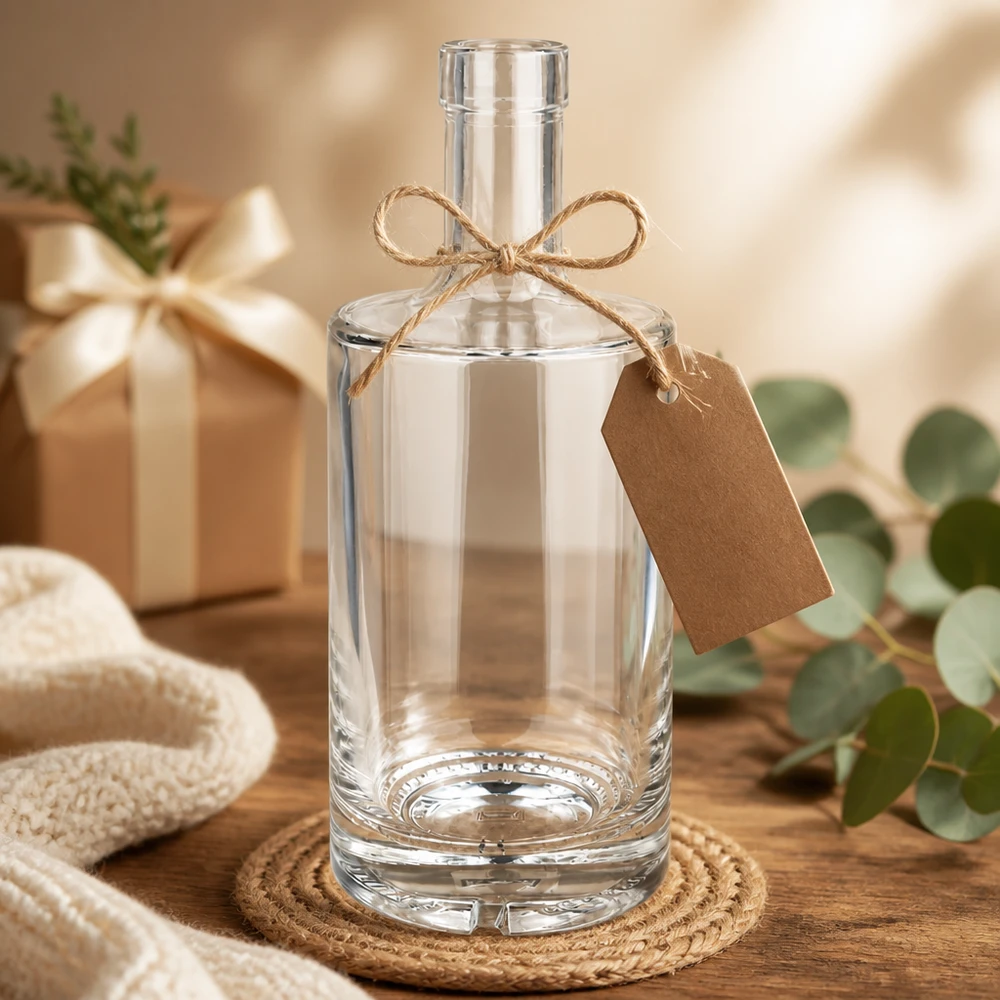 Bouteille en verre Nora de 500 ml comme idée de cadeau avec pendentif et corde de jute décorée sur une table en bois UNiTWIST