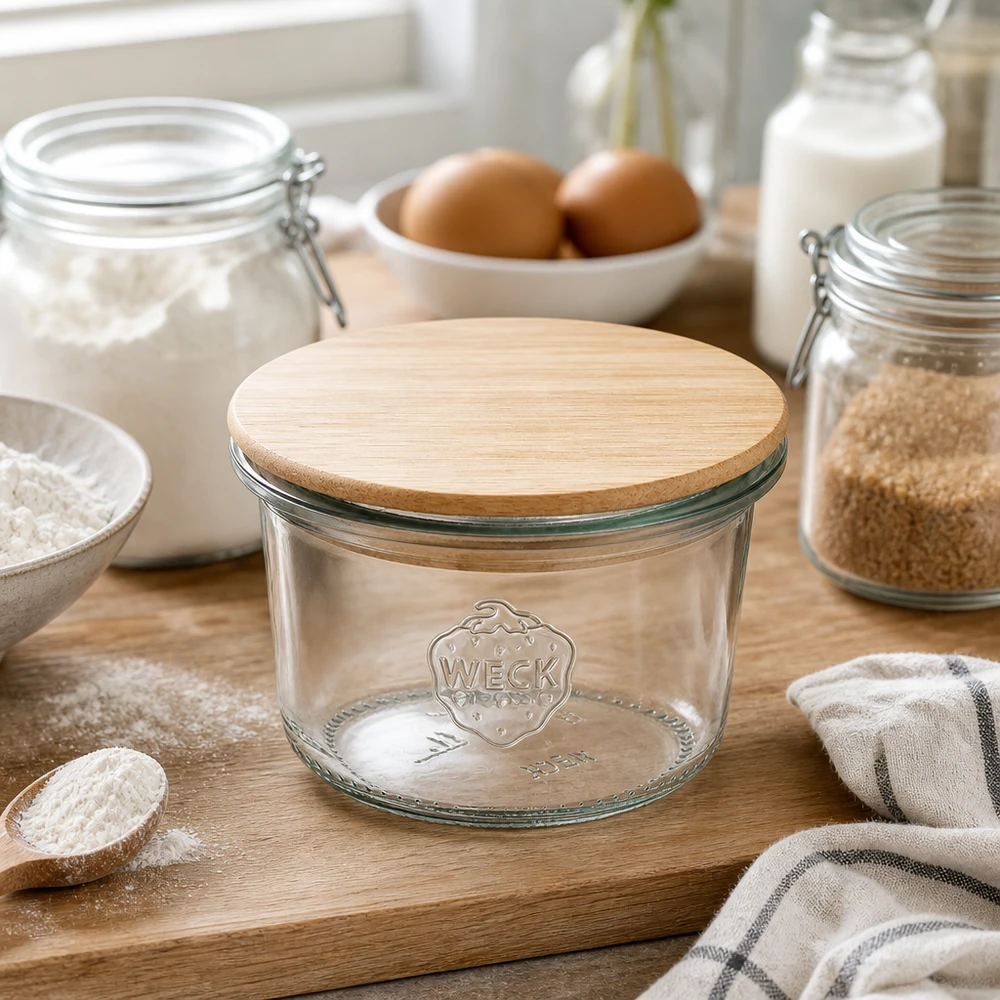 WECK Verre renversé 80ml RR60 avec couvercle en bambou sur planche en bois entouré d'ingrédients de cuisson farine œufs et lait dans une cuisine moderne