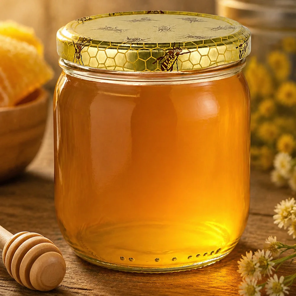 Pot à miel 500 g avec couvercle motif rayon de miel BasicSeal UNiTWIST 500g Honigglas mit goldenem Honig gefüllt neben Honiglöffel und Blüten auf rustikalem Holztisch arrangiert