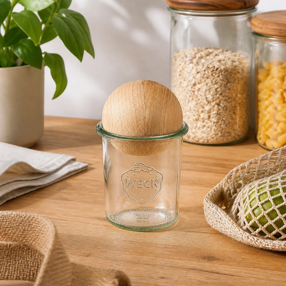 WECK Verre renversé RR60 160ml avec couvercle en forme de boule en hêtre sur une table en bois, entouré d'ustensiles de cuisine durables