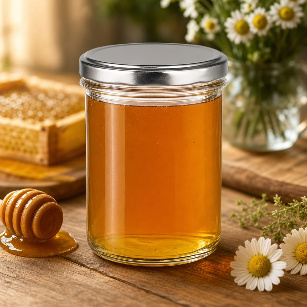 350ml Verre conique avec couvercle BasicSeal argent UNiTWIST Pot à miel de 350 ml avec couvercle BasicSeal argenté rempli de miel à côté de la cuillère à miel et du pot à miel de fleurs de camomille
