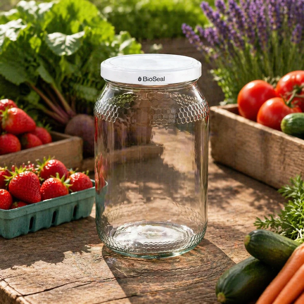 Pot à miel 1260 g avec couvercle blanc BioSeal UNiTWIST Pot de miel de 900ml avec couvercle BioSeal dans le jardin entre les fraises fraîches, les tomates et les herbes aromatiques comme pot de conserve