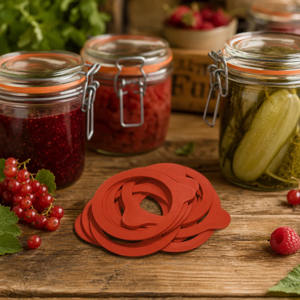Anneaux de mise en conserve RR60 en caoutchouc naturel dans la cuisine avec des bocaux remplis et des baies fraîches sur une table en bois