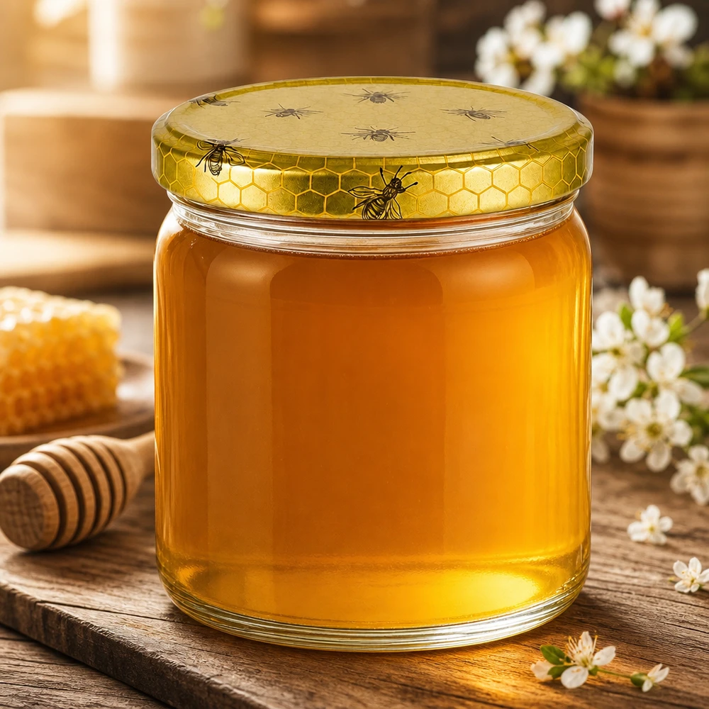 Pot rond de 408 ml avec couvercle BasicSeal en nid d'abeille rempli de miel doré à côté de rayons et de fleurs blanches