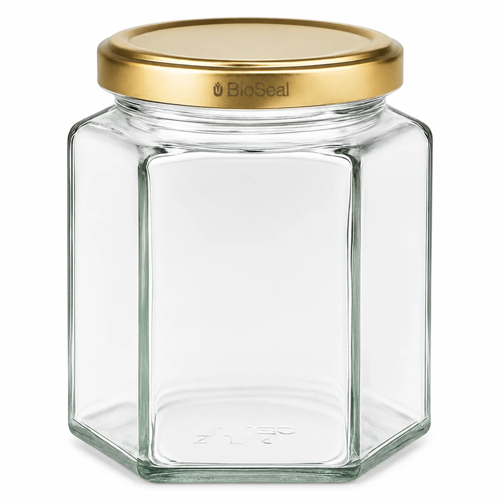 Récipient en verre hexagonal UNiTWIST Hexa390 avec couvercle doré TO70 BioSeal pour aliments et conserves