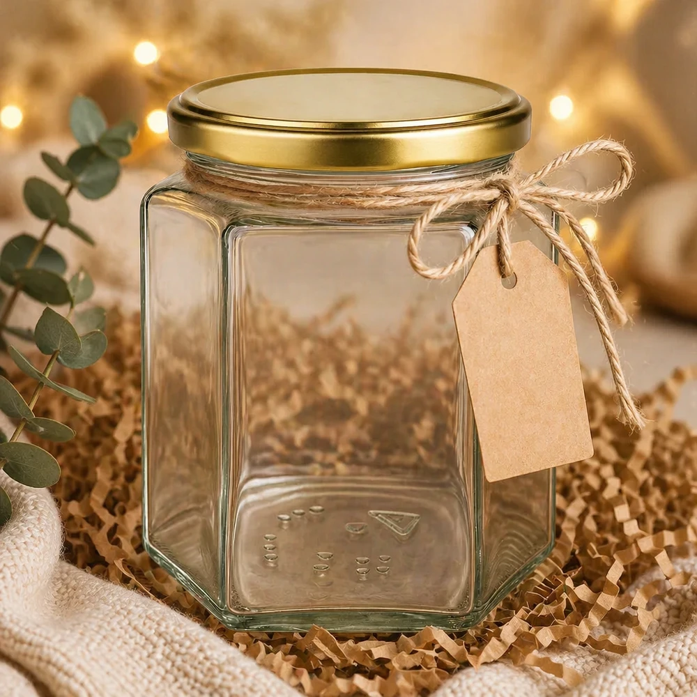 Pot à miel 500 g avec couvercle doré BasicSeal UNiTWIST 500g Honigglas BasicSeal UT mit Geschenkanhänger Bastband dekorativ präsentiert warme Beleuchtung Geschenkidee