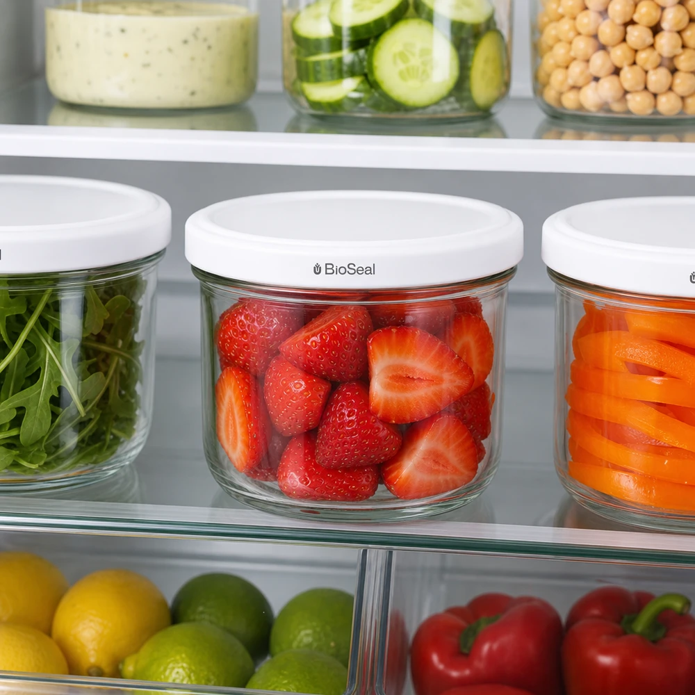 UNiTWIST Sturz260 avec couvercle blanc BioSeal dans le réfrigérateur - pot en verre de 260ml pour les fraises à côté des légumes et de la salade