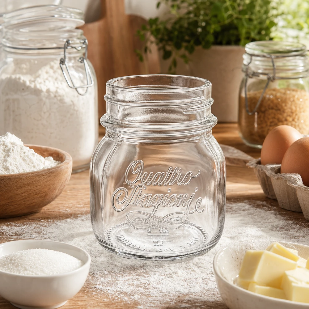 150ml verre rond "Quattro Stagioni" QS56mm 150ml Quattro Stagioni Bocal de ménage sur table en bois avec ingrédients de cuisson farine œufs beurre accessoires de cuisine