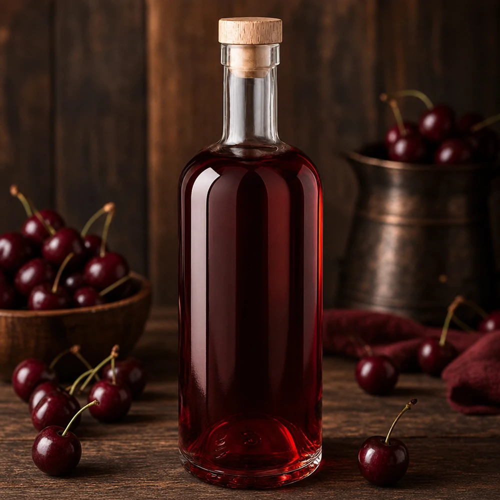 Bouteille en verre 750 ml « Emma » avec bouchon en bois UNiTWIST® Bouteille en verre Emma de 750 ml avec bouchon en bois remplie de liquide de cerise rouge entourée de cerises fraîches sur une table en bois