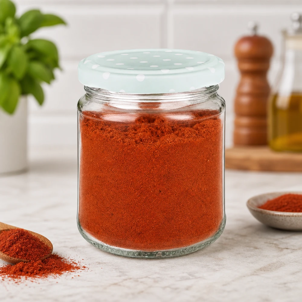 Pot rond 212 ml + couvercle BasicSeal pois menthe UNiTWIST 212ml pot rond rempli de poudre de paprika rouge, menthe BasicSeal couvercle à pois, scène de cuisine avec des épices