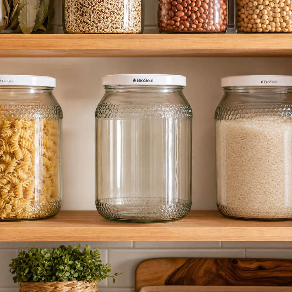 Pot à miel 1260 g avec couvercle blanc BioSeal UNiTWIST Pot de miel de 900 ml avec couvercle blanc BioSeal sur l'étagère de stockage entre les pâtes et le riz comme solution de conservation de la cuisine