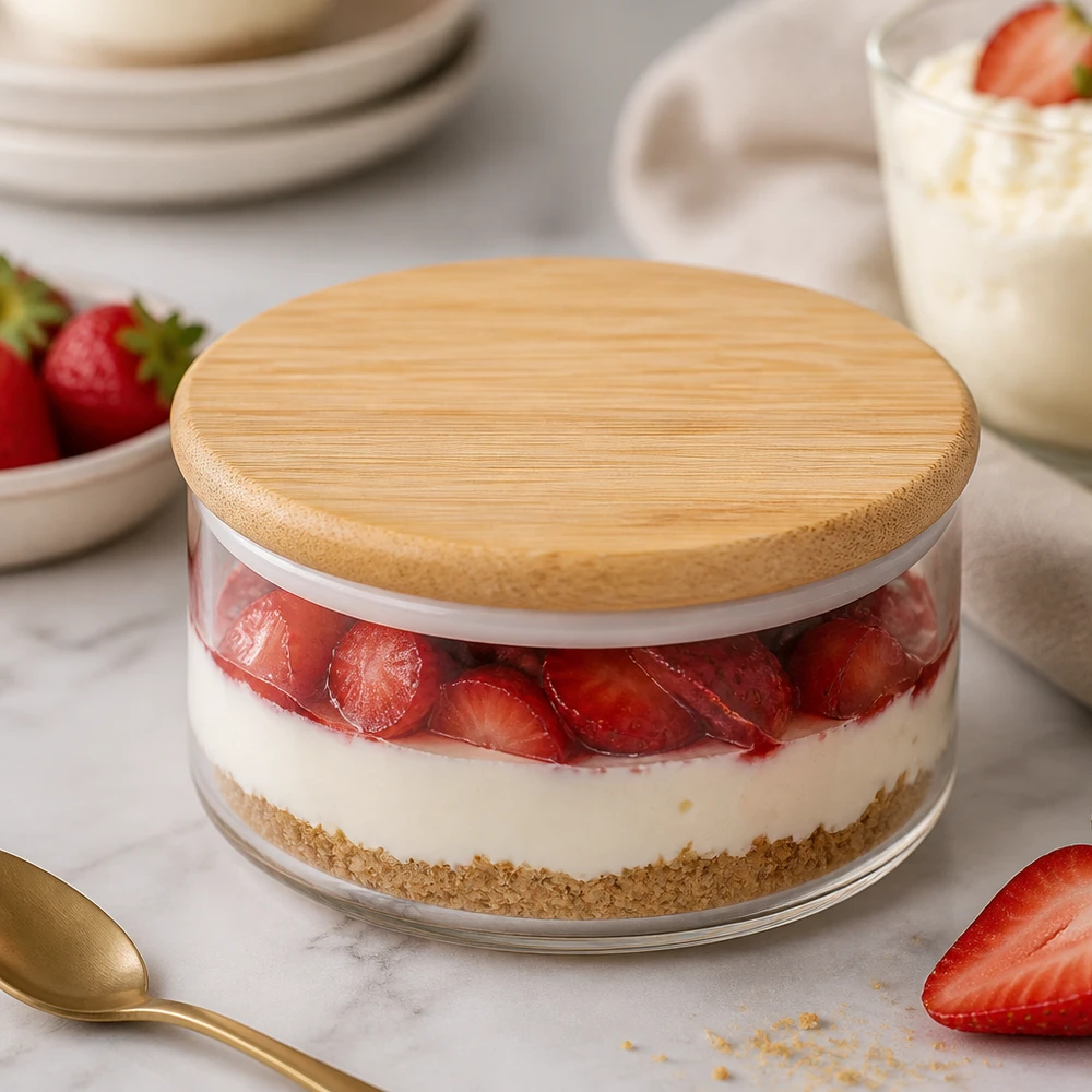 WECK Couvercle en bois RR80 version A avec tarte aux fraises dans le bocal - utilisation pratique pour les desserts et la conservation