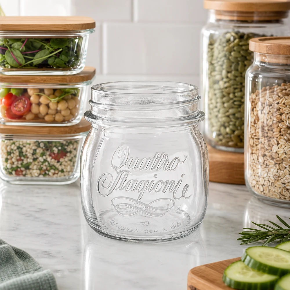 250ml Verre rond "Quattro Stagioni" QS70mm 250ml Quattro Stagioni Bocal de conservation avec bouchon à vis pour la cuisine Conservation des aliments et des épices