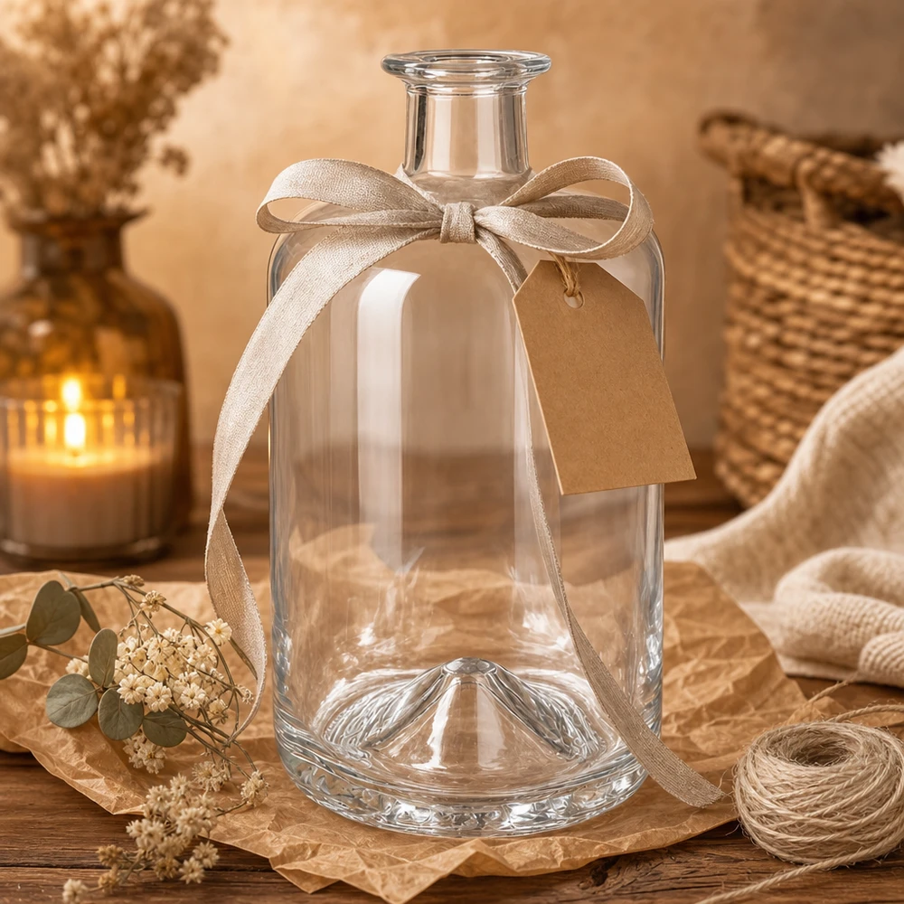 Bouteille en verre Sofia de 700 ml vide avec ruban décoratif et étiquette cadeau dans une mise en scène d'ambiance chaleureuse