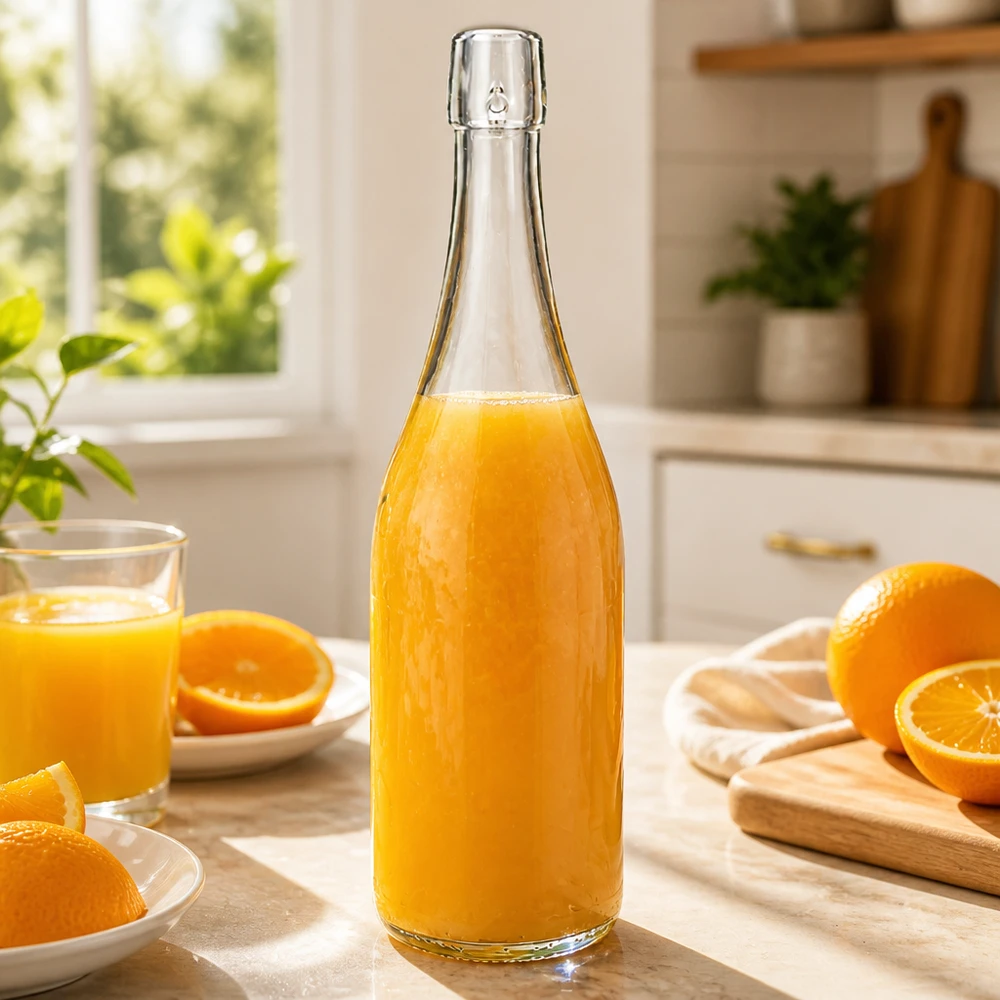 Bouteille en verre de 750 ml sans bouchon mécanique UNiTWIST 750ml UNiTWIST Bouteille en verre remplie de jus d'orange frais cuisine claire petit déjeuner vitamine C alimentation saine