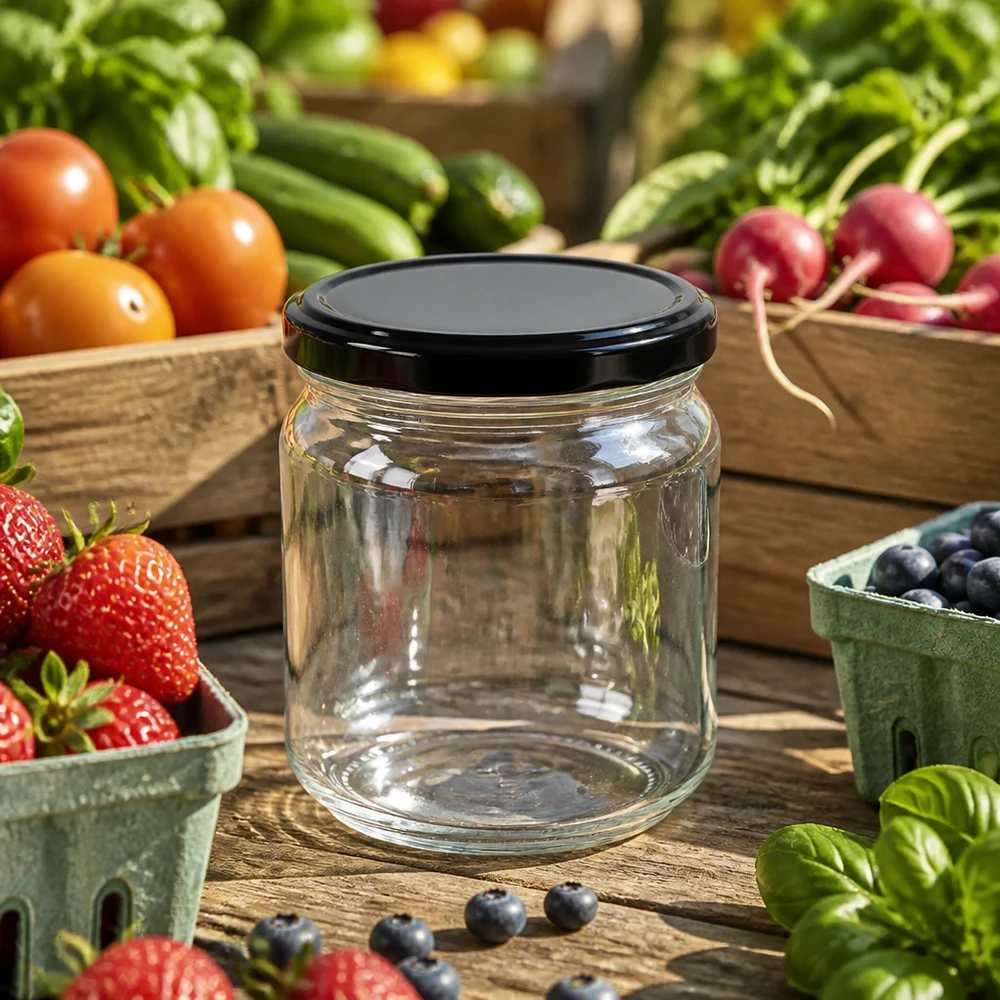 212ml Verre rond avec couvercle BasicSeal noir UNiTWIST 212ml verre rond avec couvercle noir BasicSeal vide au milieu de produits frais du jardin baies et légumes sur table en bois