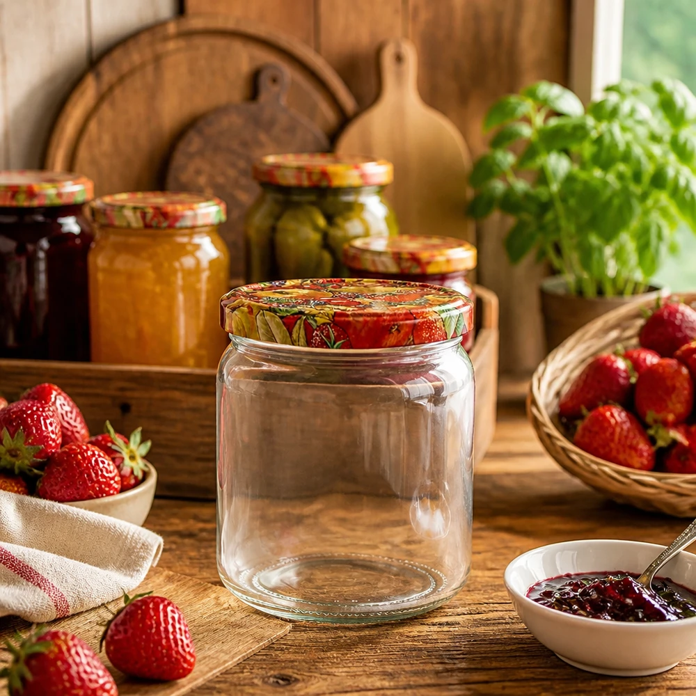 408ml Verre rond avec couvercle BasicSeal décor fruits UNiTWIST Pot rond vide de 408ml avec couvercle BasicSeal Décor de fruits dans une cuisine rustique à côté des fraises et des pots de confiture