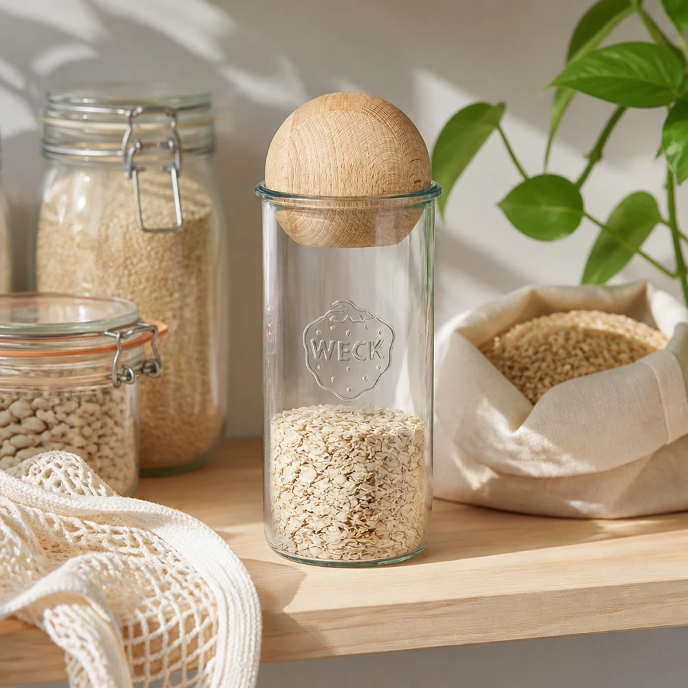 WECK Pot renversé 1500ml RR100 rempli de flocons d'avoine, boule en bois hêtre couvercle, Zero-Waste cuisine de stockage