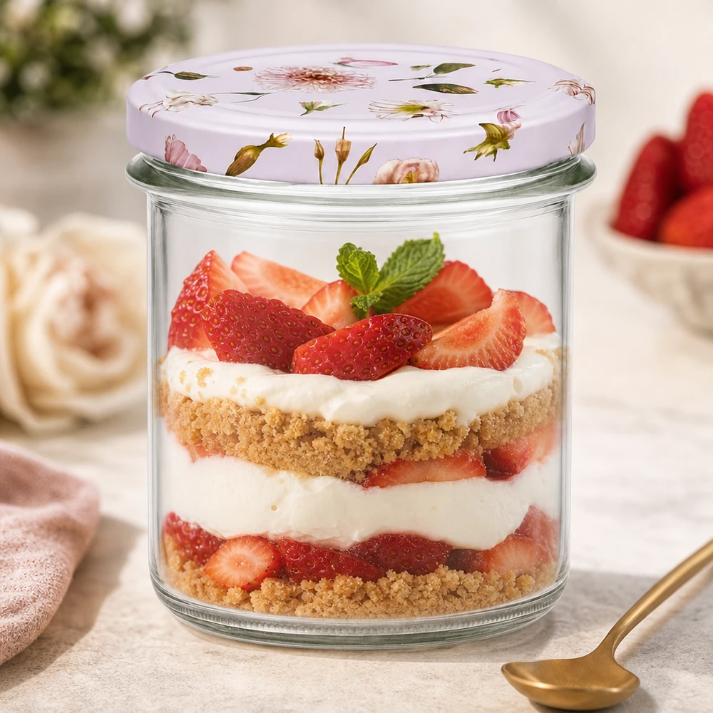 Verres de 350 ml + couvercle BasicSeal fleur rose UNiTWIST 350ml verre renversé rose couvercle fleuri dessert fraises crème dessert pot à confiture dessert tiramisu verre