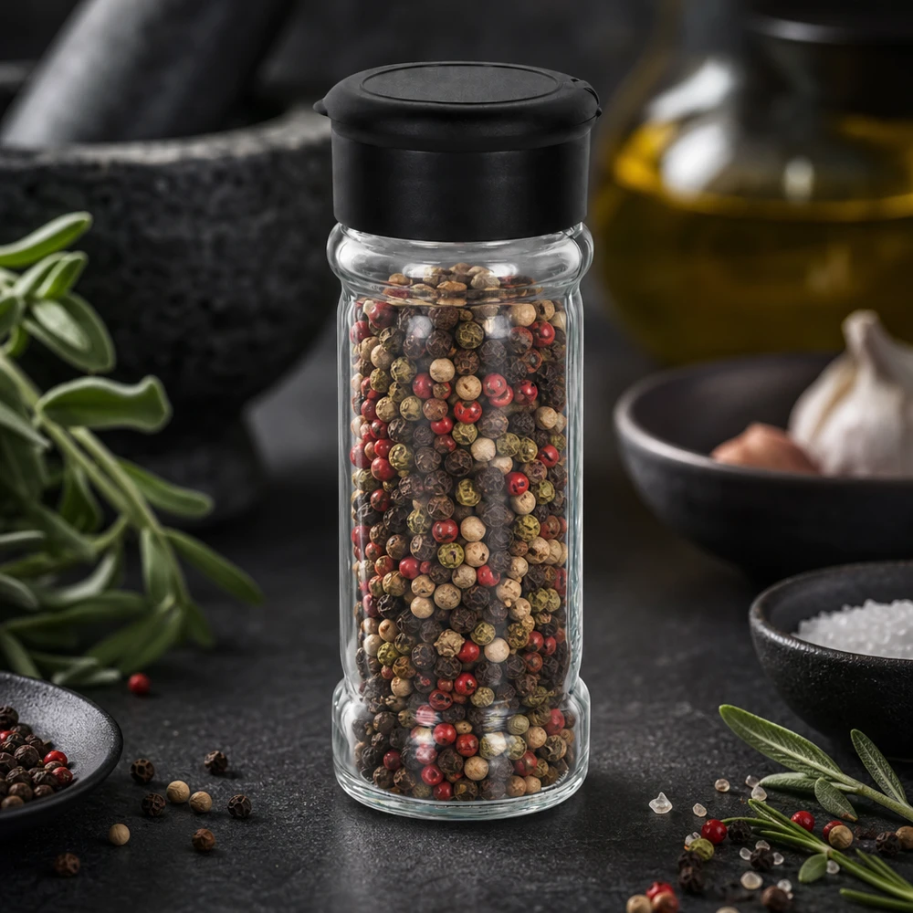 Pot à sel/épices 100 ml avec saupoudreuse, noir Salière en verre transparent de 100 ml avec couvercle noir, remplie d'un mélange de poivres colorés, posée sur un plan de travail foncé
