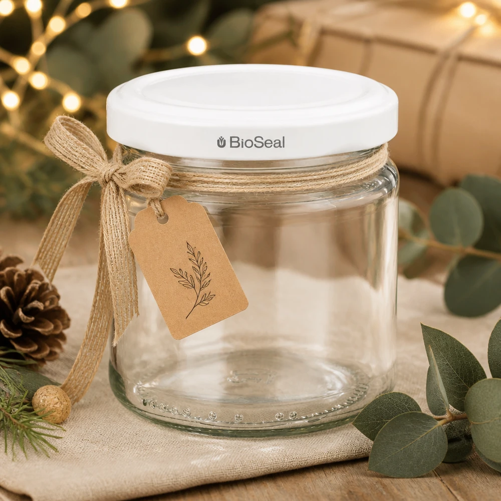 212ml Verre rond avec couvercle BioSeal blanc UNiTWIST UNiTWIST Runda212 décorée de manière festive avec un nœud en jute et une étiquette cadeau comme cadeau de Noël avec couverture TO66 blanche