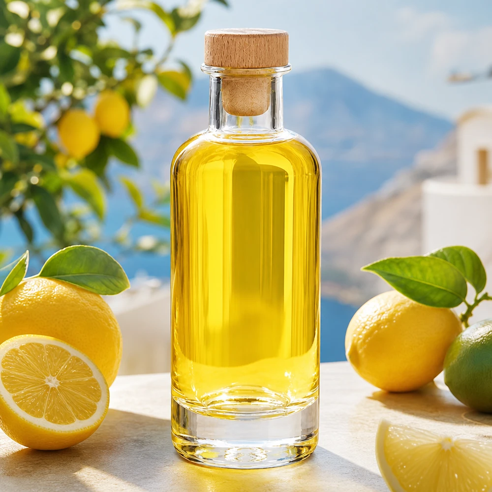 Bouteille en verre Ella 200ml avec bouchon en bois remplie d'huile jaune entourée de citrons frais dans un décor méditerranéen