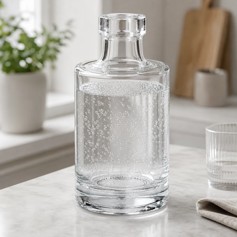 Bouteille en verre Marie de 100 ml d'eau claire et de bulles de gaz dans une ambiance de cuisine élégante avec couvercle en verre