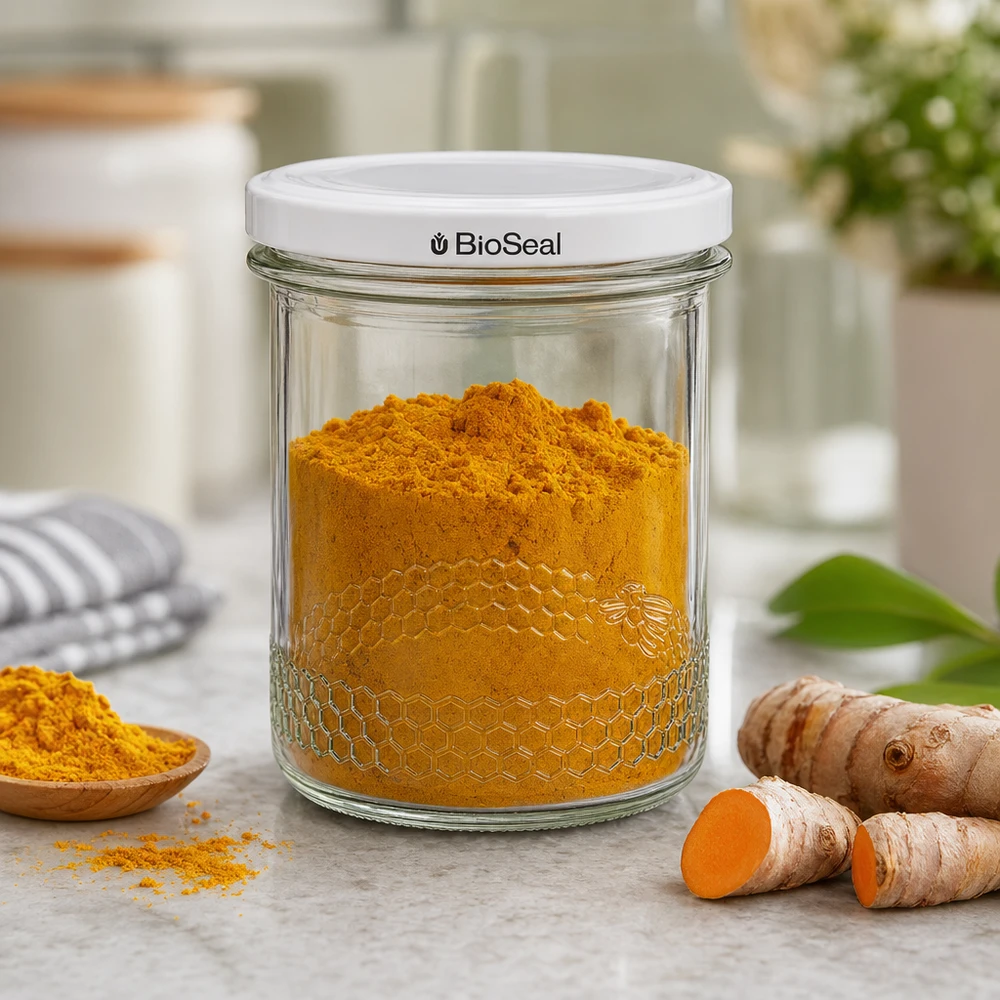 Pot à miel 560 g avec couvercle blanc BioSeal UNiTWIST Pot de miel 400ml rempli de curcuma montre l'utilisation pratique du couvercle BioSeal pour les épices et les provisions de cuisine