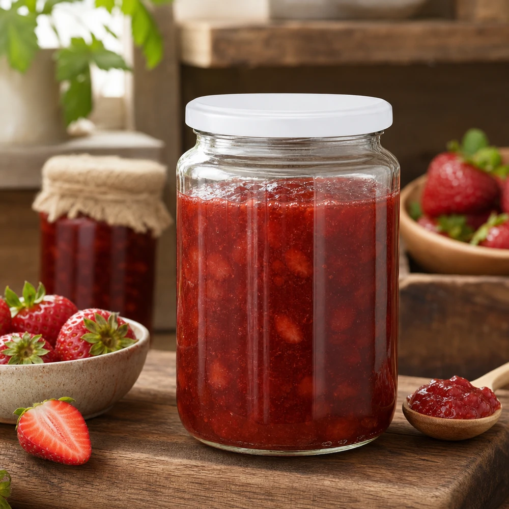 795ml Verre rond avec couvercle BasicSeal blanc UNiTWIST Pot rond UNiTWIST de 795 ml rempli de confiture de fraises, idéal pour les confitures maison et les conserves.
