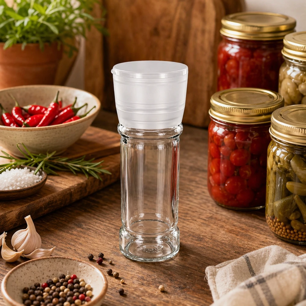 Pot à sel/épices 100 ml avec moulin Vario blanc Un verre à sel de 100 ml avec un moulin Vario blanc, à côté de tomates confites et d'épices, sur une table en bois