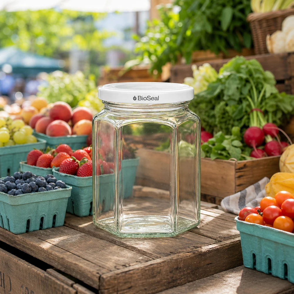 288ml Verre hexagonal avec couvercle BioSeal blanc UNiTWIST UNiTWIST Hexa288 bocal vide avec couvercle blanc TO63 BioSeal sur stand de marché parmi les fruits et légumes frais