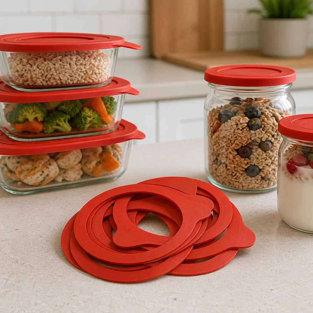 Bague d'étanchéité en caoutchouc naturel RR80 Anneau de mise en conserve RR80 Caoutchouc naturel rouge plusieurs anneaux sur le plan de travail de la cuisine avec des bocaux à provisions Müsli Légumes Meal Prep