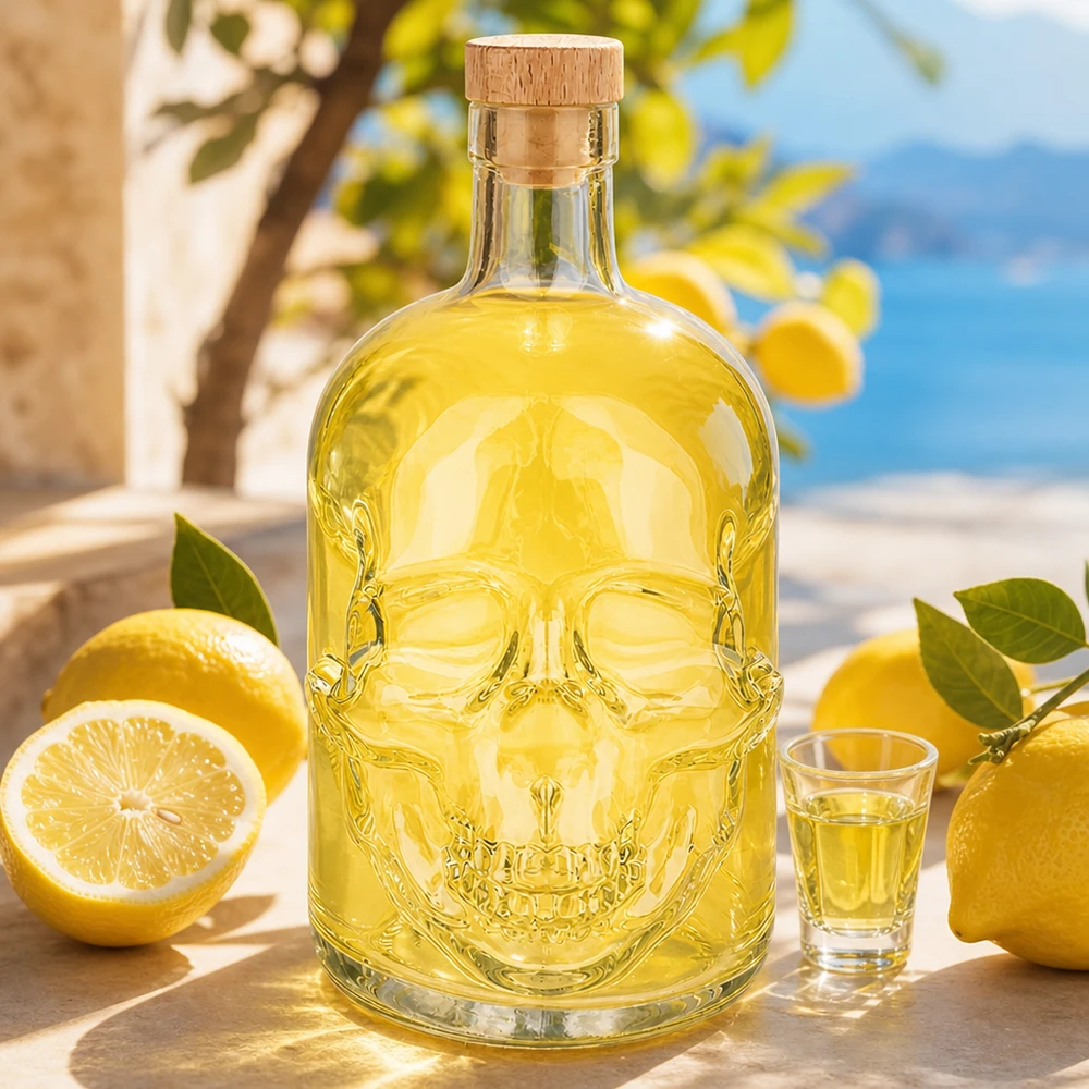 Glasflasche Jack 700ml mit gelber Flüssigkeit gefüllt neben Zitronen und Schnapsglas in mediterraner Kulisse