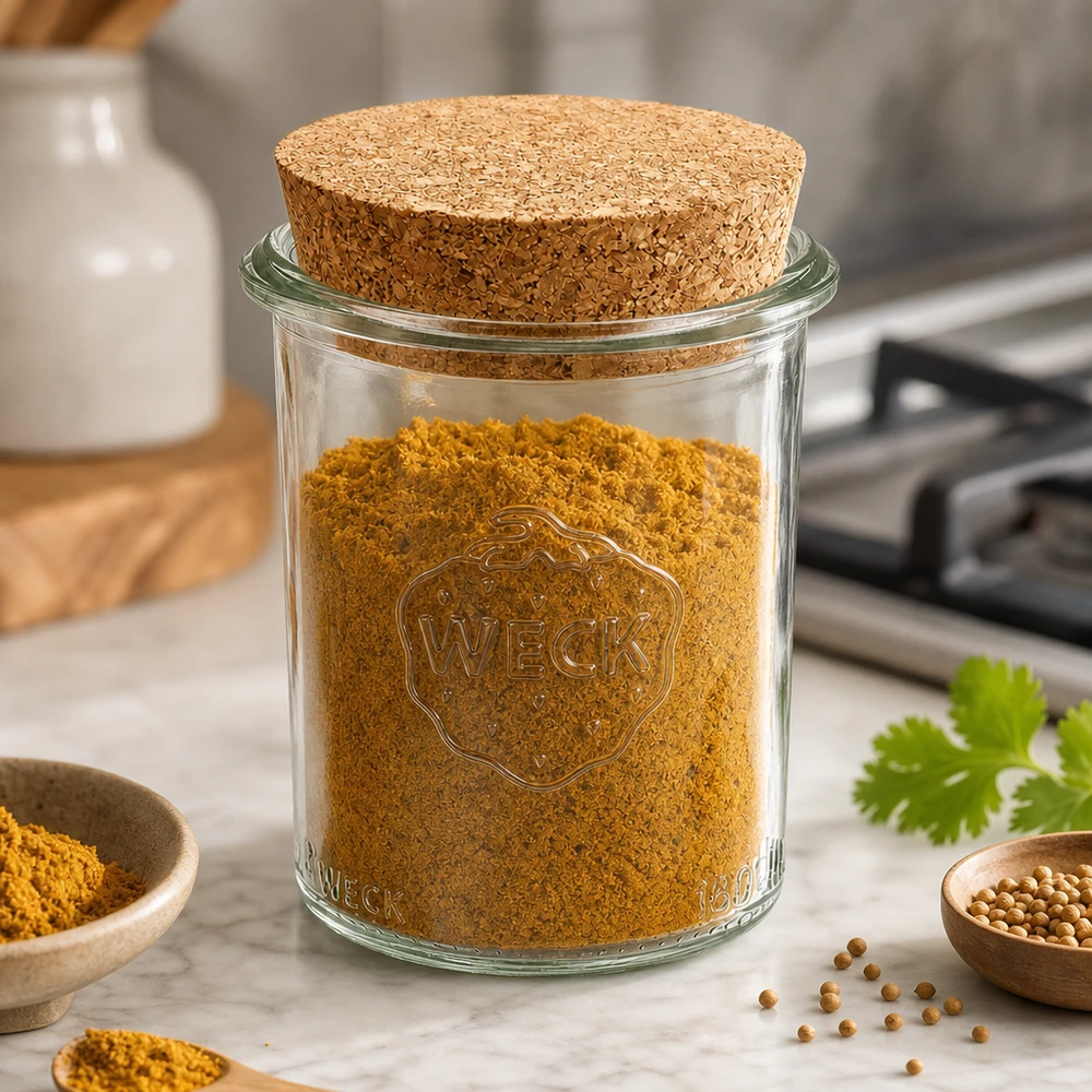 WECK Pot à provisions 160ml RR60 avec couvercle en liège rempli de poudre de curcuma et d'épices sur plan de travail en marbre