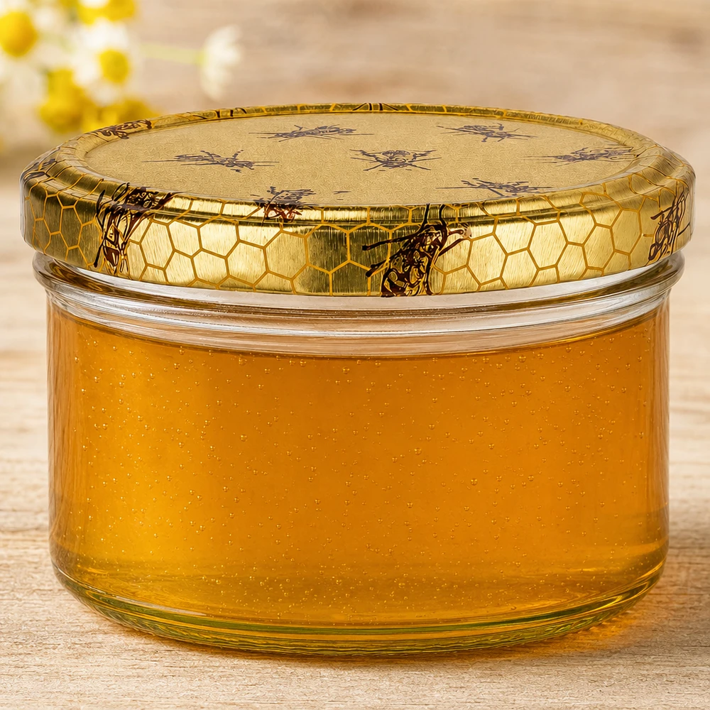 Pot à miel 300 g avec couvercle motif rayon de miel BasicSeal UNiTWIST Pot de miel de 300g avec miel jaune doré et couvercle en nid d'abeille, gros plan sur la structure du verre et la consistance du miel